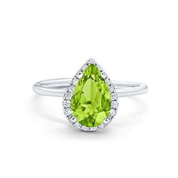 Halo Teardrop Wedding Ring Simulated Peridot CZ 925 Sterling Silver